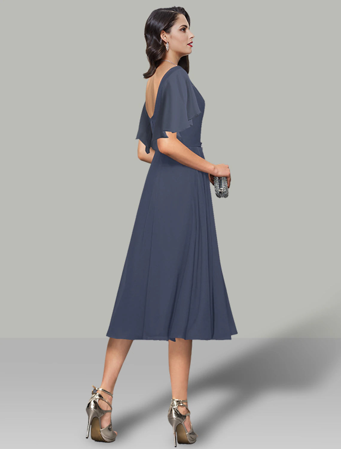Wholesale A-Line Wedding Guest Dresses Elegant Dress Cocktail Party Tea Length Short Sleeve Cowl Neck Belt / Sash Chiffon with Rhinestone